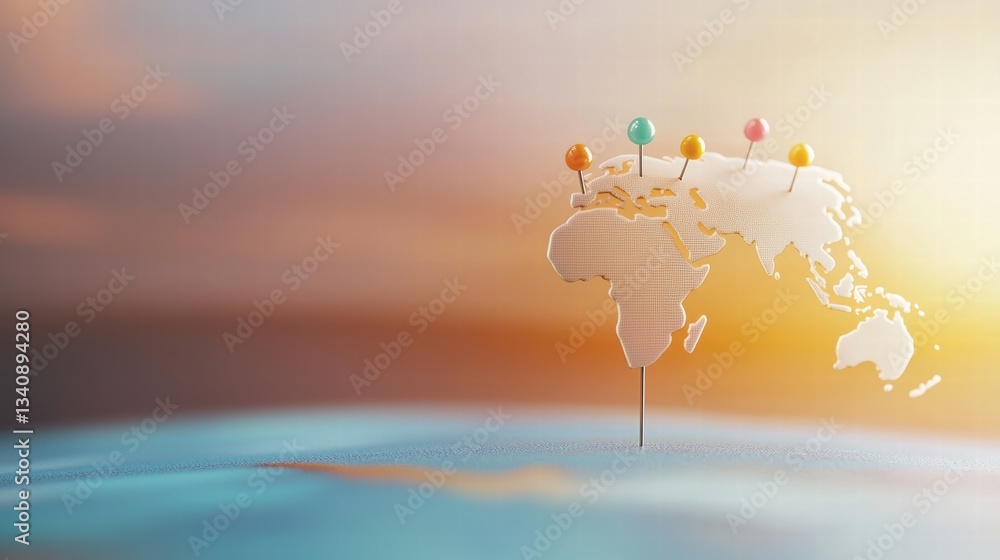 Poster world map pin location multiple colored pins on a world map, indicating different travel destination