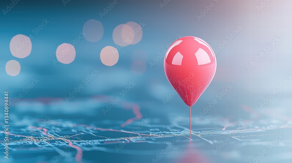 Poster Icon Pin Location Map A red pin icon placed on a stylized map, indicating a specific location, close up view, shallow depth of field.