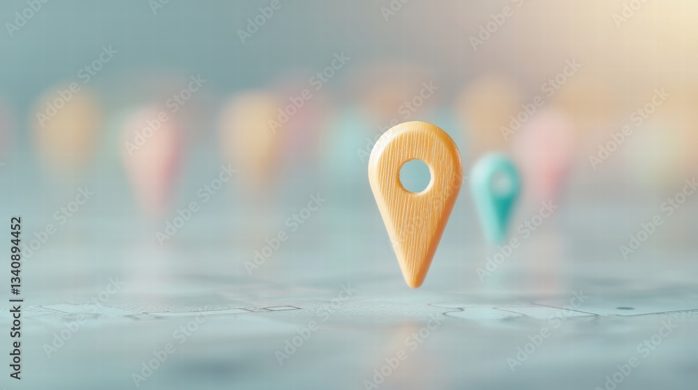Leinwandbilder Icon Pin Location Map A map with multiple colorful pin icons, representing various points of interest, overhead shot, bright lighting.