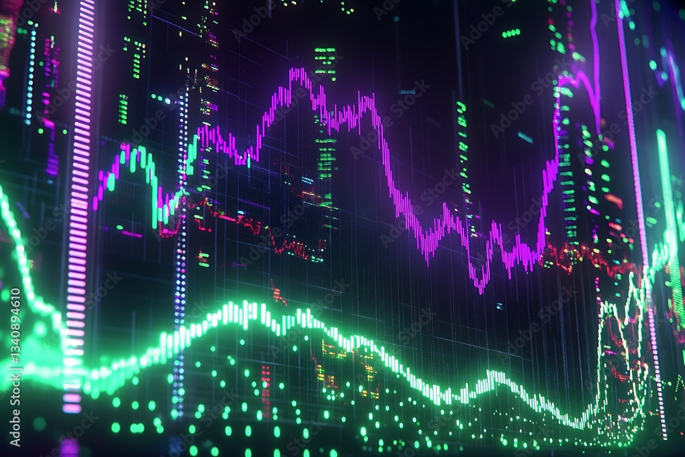 Poster rising financial graph in a glowing neon grid sharp green and purple lines sleek digital interface f