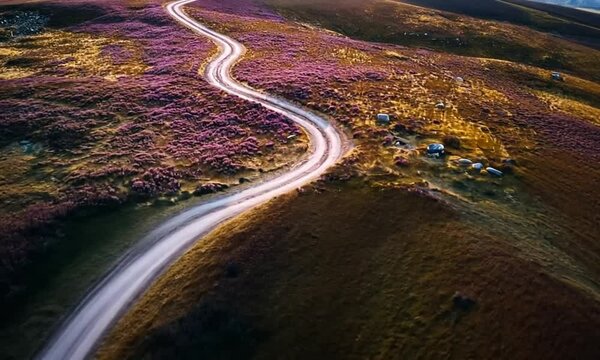 Aerial view of a winding dirt road traversing purple heather-filled Scottish highlands landscape.