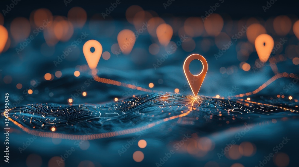 Poster Icon Pin Location Direction A GPS device displaying a map with a highlighted pin icon and directional arrows, technology concept, modern design.