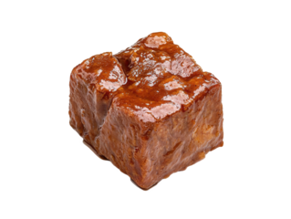 A shiny, brown cube of caramelized meat with a rich, glossy surface and distinct texture.