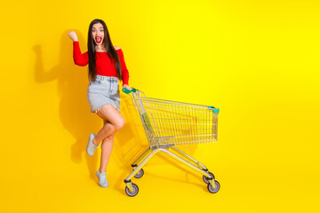 Young cheerful brunette woman in casual outfit holding a shopping cart while smiling on a vibrant...