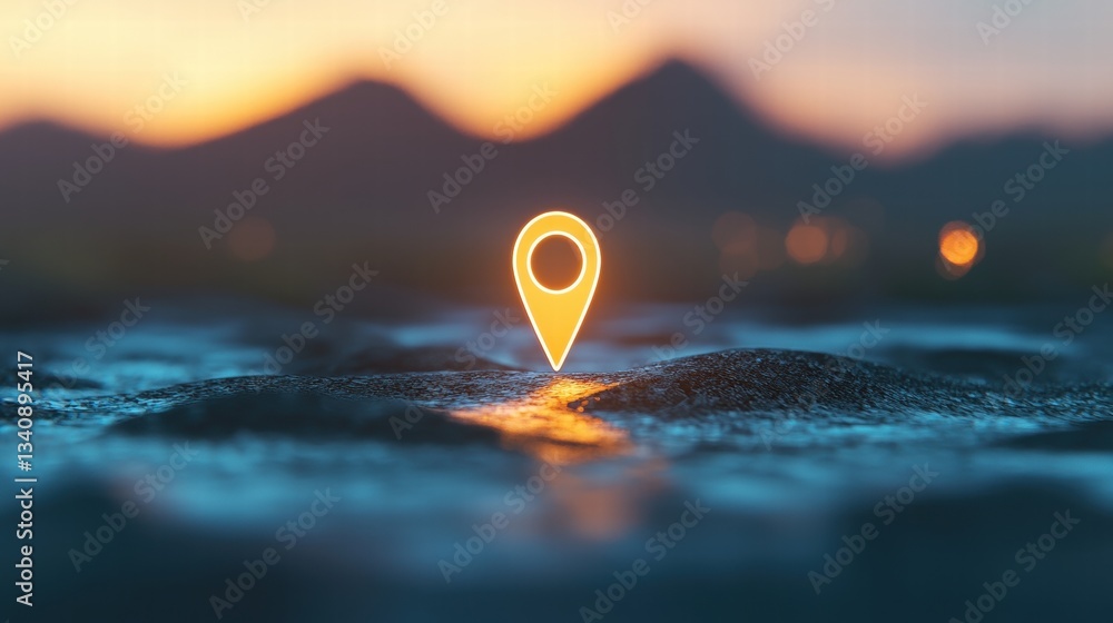 Poster icon pin location spot a spotlight shining on a pin icon in the center of a dark map, highlighting a