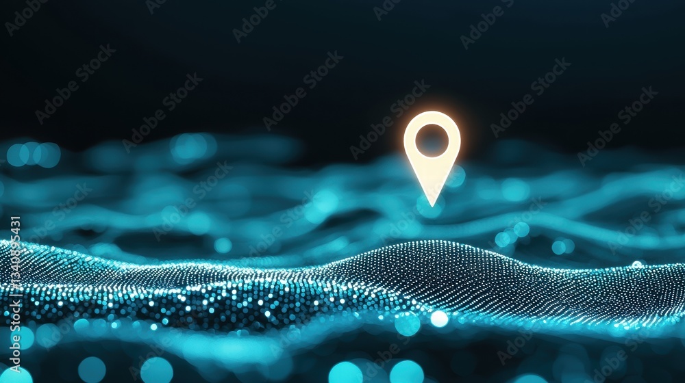 Poster Icon Pin Location Spot A map with a single pin icon surrounded by a highlighted circle, indicating a specific zone or radius, clear marking, informative.