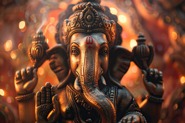 Obraz premium Bright holiday composition for happy Ganesh Chaturthi, abstract vivid composition consists of fictional unreal fantastic vision on background