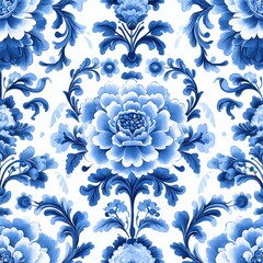 Floral Delft Blue Seamless Pattern Vintage Tile Decor Intricate Design
