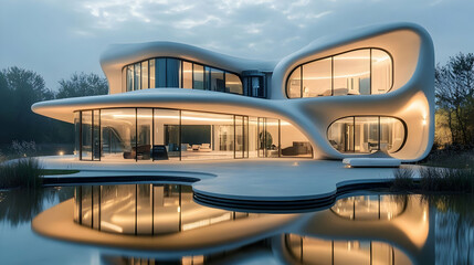 Fototapeta premium Fluid Architectural Design: A Modern Villa with Stunning Water Reflections