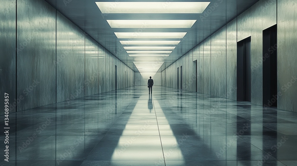 Poster a solitary figure stands in a vast, reflective corridor, illuminated by soft overhead lights, creati