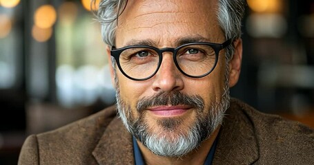 Close-up portrait of a middle-aged man with graying hair and a beard wearing round black glasses and a brown jacket, shot with soft lighting against a blurred background - Powered by Adobe