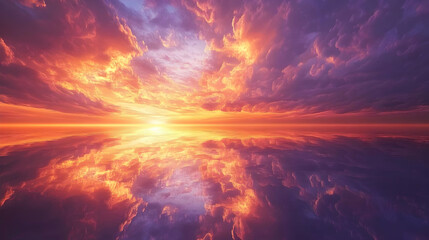 Fototapeta premium Fiery Sunset Landscape: Dramatic Sky and Water Reflection