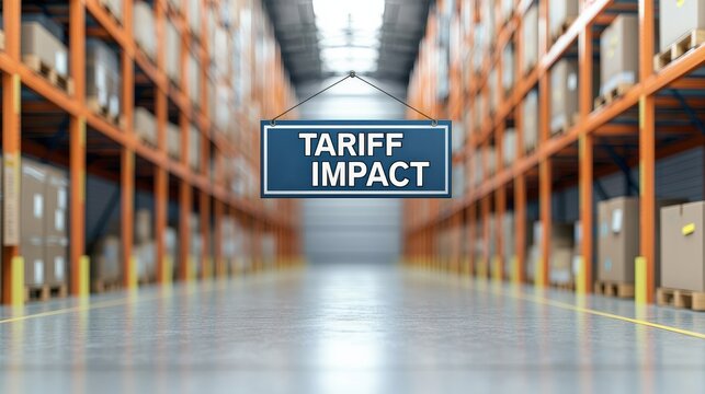 Import Tariffs trade impact concept. Warehouse interior with a sign reading "Tariff Impact.