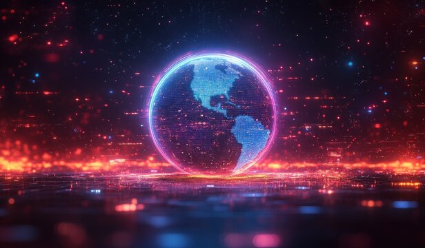 Futuristic Digital Art Poster Template for New Year 2025 with Glowing Holographic Numbers and Circuit Board Design