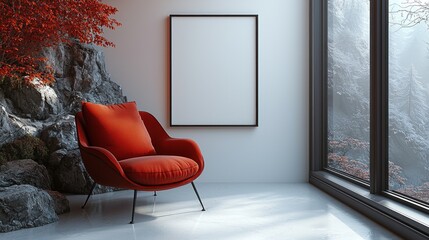 Sleek Modern Living Space with Bold Red Armchair and Scenic View