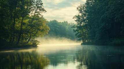 Fototapeta premium Serene river landscape with ethereal mist dancing above the tranquil water surface