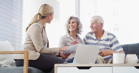 Senior, happy couple or documents with accountant or laptop for retirement plan, annuity or insurance. Elderly man, woman or financial advisor with paperwork for discussion on pension funds or assets