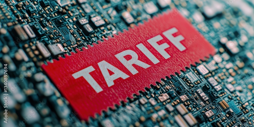 Poster import tariffs trade impact concept. close-up of a circuit board with the word 