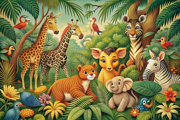 Vintage Jungle Seek & Find: Colorful Coloring Page for Kids - Educational Game