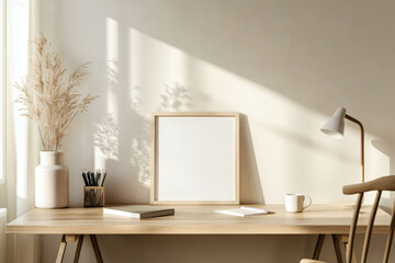 Scandinavian Home Office with White Picture Frame Mockup and Minimalist Wooden Desk
