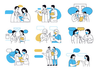 doctors nurses communicating discussing information speech bubbles indicating conversations set illustrated scenarios, Clinic Uniform Professional Hospital
