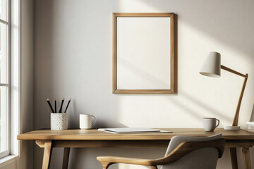 Scandinavian Home Office with White Picture Frame Mockup and Minimalist Wooden Desk
