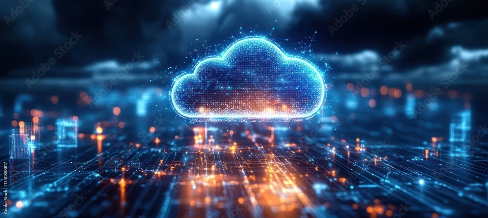 Poster cloud computing edge technology connections data access cybersecurity digital illustration