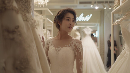 Naklejka premium Asian bride trying on a wedding dress in a boutique.