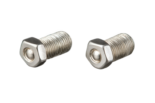 Two metallic bolts with hexagonal heads and threaded shafts, showcasing a shiny surface and precise engineering.