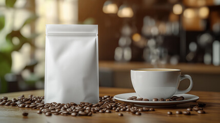 White coffee packaging mockup with scattered beans and a coffee cup in a cafe setting. AI Generated Images