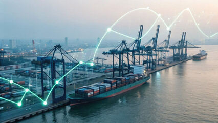 A futuristic depiction of tariffs using holographic trade graphs over a shipping port, visualizing fluctuating costs and economic restrictions in a digital finance landscape.