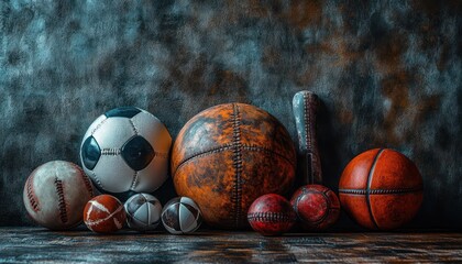 Assorted Sports Equipment Collection Including Basketballs Soccer Balls Tennis Balls and Athletic Shoes on Grey Surface