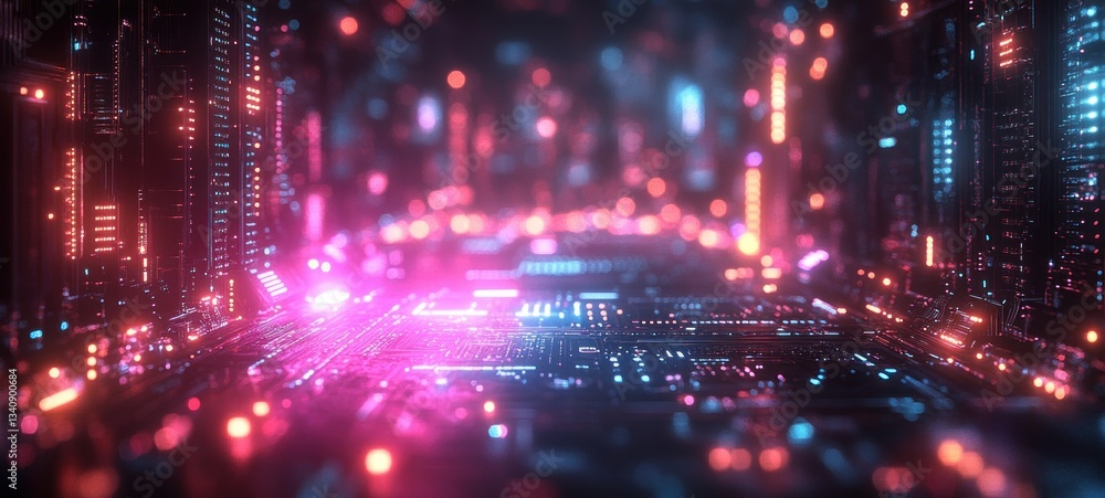 Poster futuristic digital circuit design with neon glow and cyberpunk aesthetics for technology and ai appl