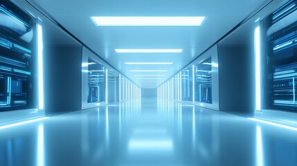 Fototapeta premium Futuristic corridor with glowing lights and technology displays.