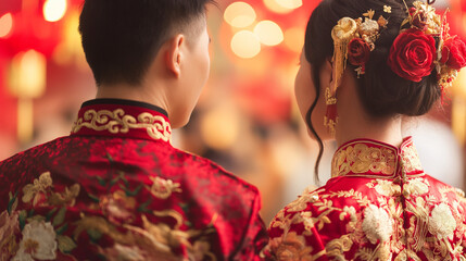 Chinese bride in traditional attire laughing at her wedding.