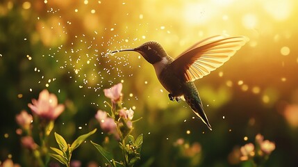 Naklejka premium A hummingbird sips nectar from vibrant blossoms on a sunny day