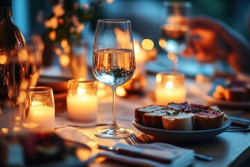 Elegant Autumn Dinner Party with Friends Featuring Wine and Mediterranean Cuisine