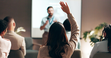Business people, seminar and convention with audience, question and interaction for feedback or...