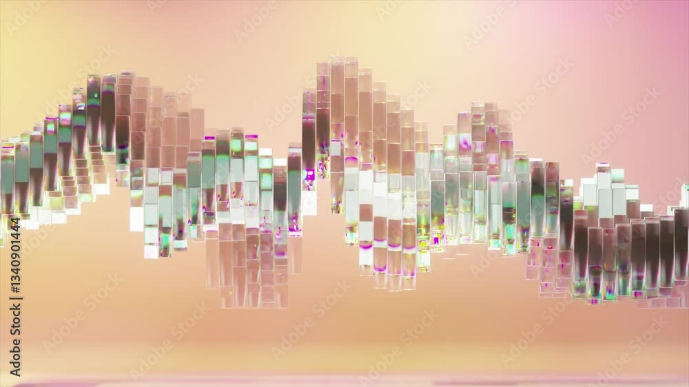 Poster gradient-colored glass blocks forming undulating wave patterns, smoothly moving across vibrant backg