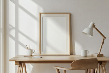 Scandinavian Home Office with White Picture Frame Mockup and Minimalist Wooden Desk
