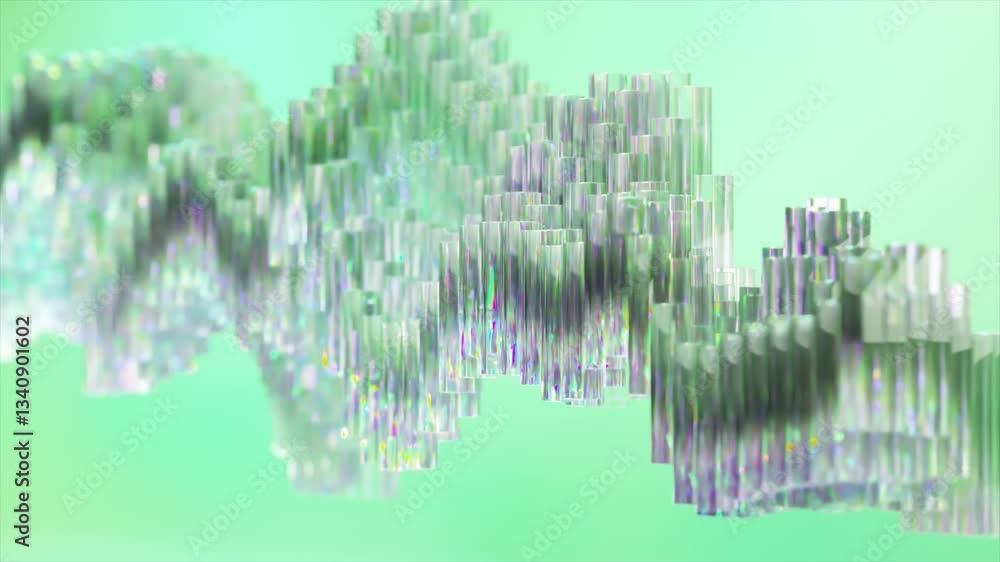 Poster green glass columns smoothly waving and glittering, creating mesmerizing abstract animation with dyn