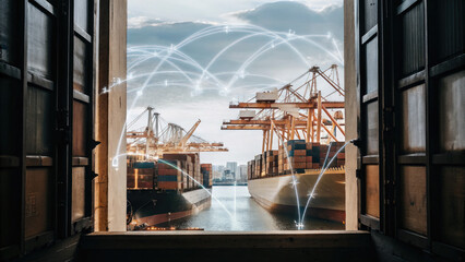 A futuristic depiction of tariffs using holographic trade graphs over a shipping port, visualizing fluctuating costs and economic restrictions in a digital finance landscape.