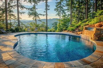 Kidney-shaped pool with waterfall and mountain view.