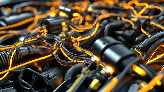 Tightly packed wiring harnesses in a vehicle&rsquo;s engine bay, showcasing the interwoven electrical connections essential for engine management and diagnostics.