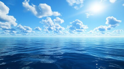 Fototapeta premium Serene Ocean View with Crystal Clear Waters, Bright Sunlight, and Soft White Clouds Stretching Across the Blue Sky