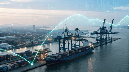 A futuristic depiction of tariffs using holographic trade graphs over a shipping port, visualizing fluctuating costs and economic restrictions in a digital finance landscape.