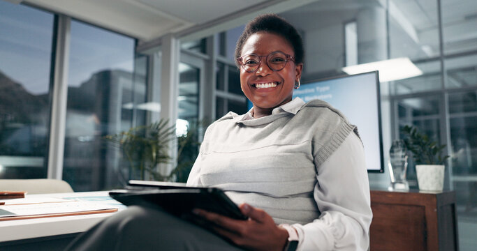 Business, portrait or black woman with tablet in office as campaign deadline or employee. Technology, smile and African designer in creative startup as brand specialist with glasses at night in Kenya