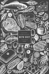Keto Diet Chalk Board Design Template. Vector Hand Drawn Healthy Food Banner. Vintage Style Ketogenic Menu Illustration.