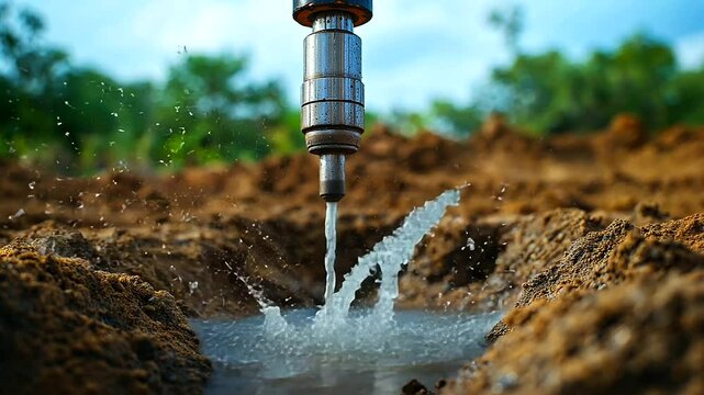A high-powered drill bit cuts through layers of earth, releasing a stream of murky groundwater, emphasizing hydrogeological exploration.