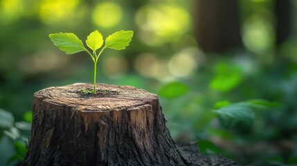 Fresh Green Sprout Growing on Tree Stump in Lush Green Forest